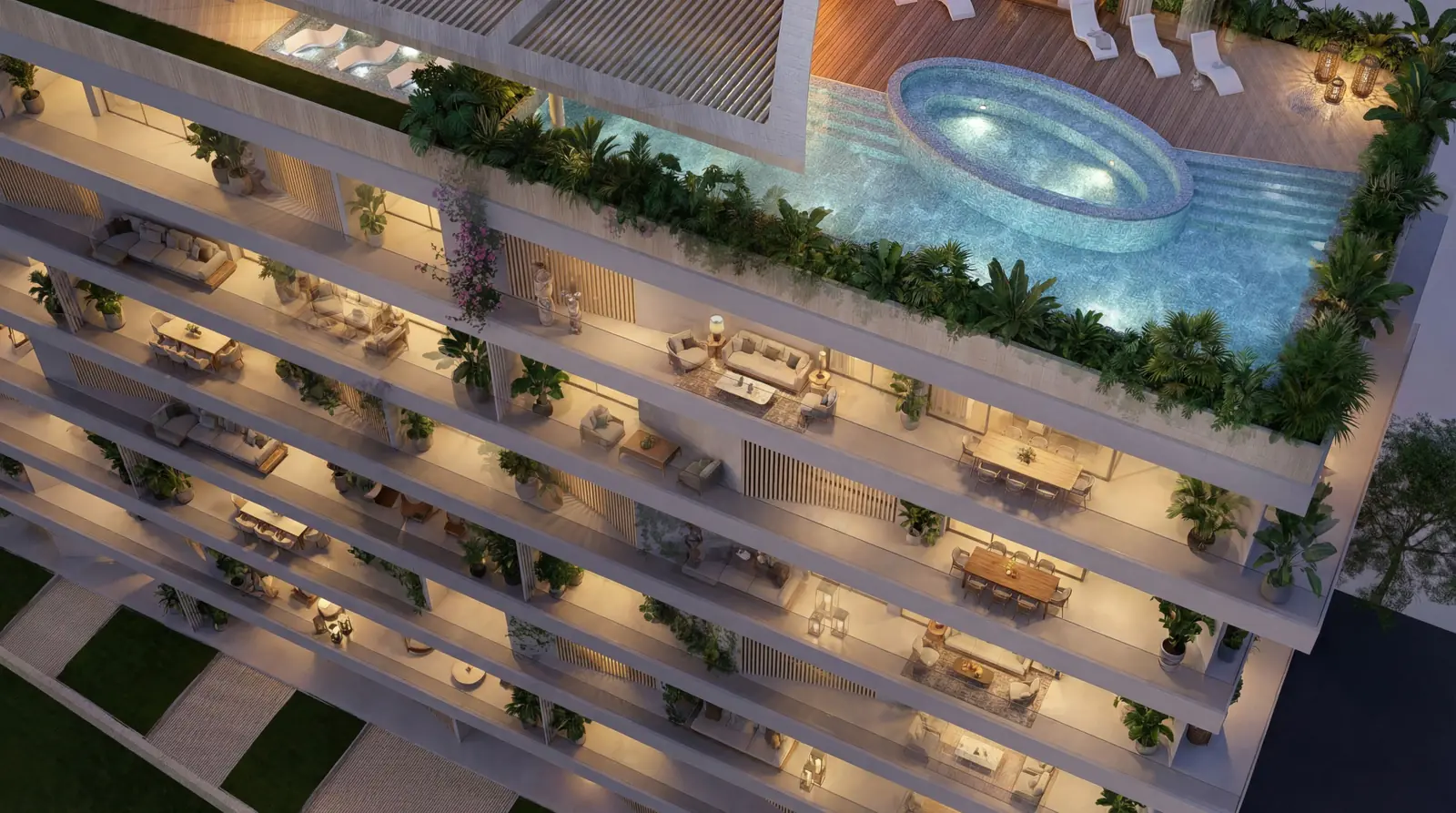 Rooftop garden and pool at Lunaya Terraces