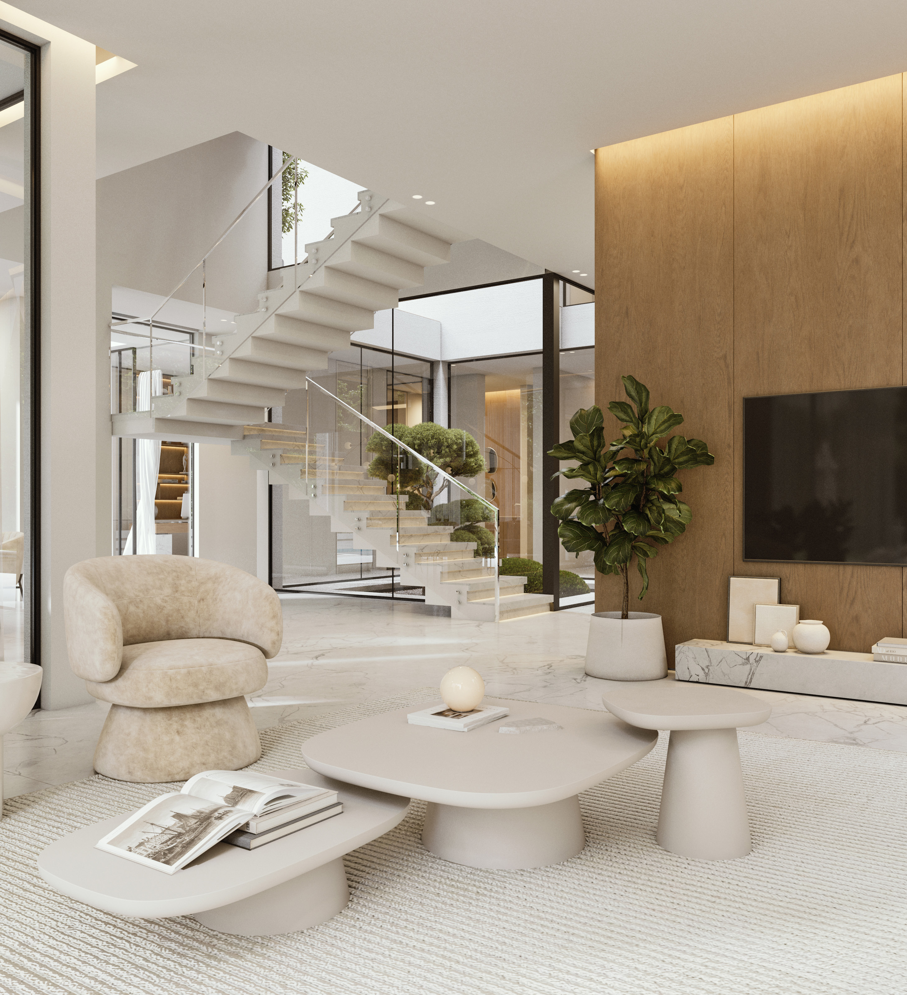 Modern villa interior with floating staircase